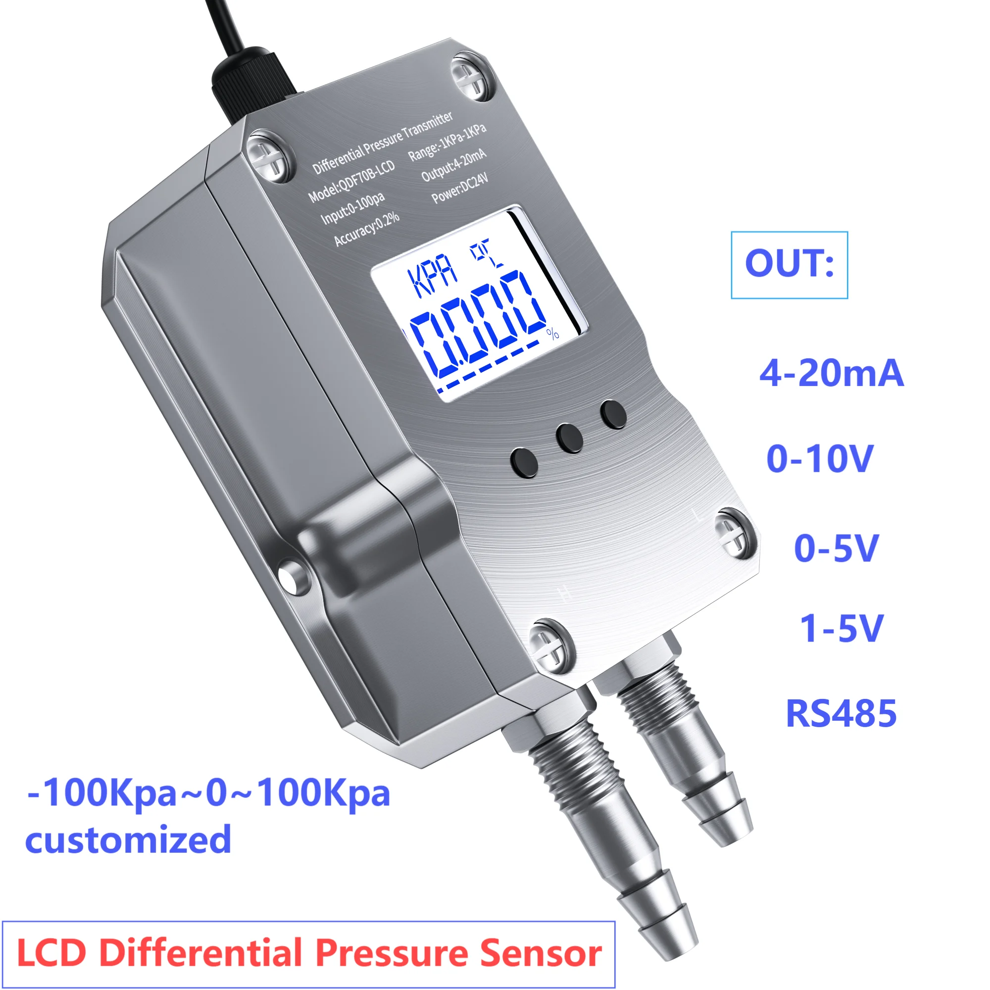 

LCD Differential Pressure Sensor 0-10V RS485 1-5V Air Pressure Transmitter 100Pa 1Kpa 3Kpa Wind Pressure Converter