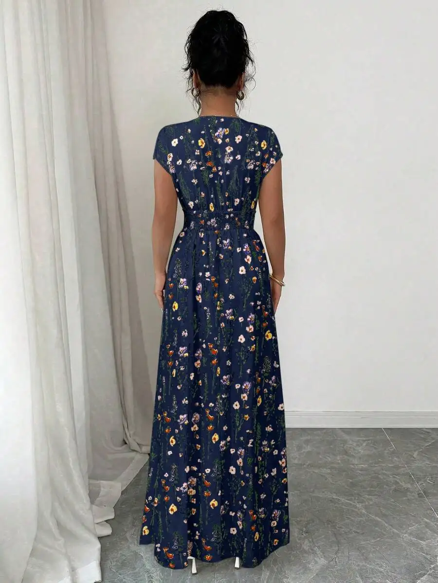 

Blue Floral Print Long Maxi Dress Featuring V-Neck, Cap Sleeves, And Smocked Waist