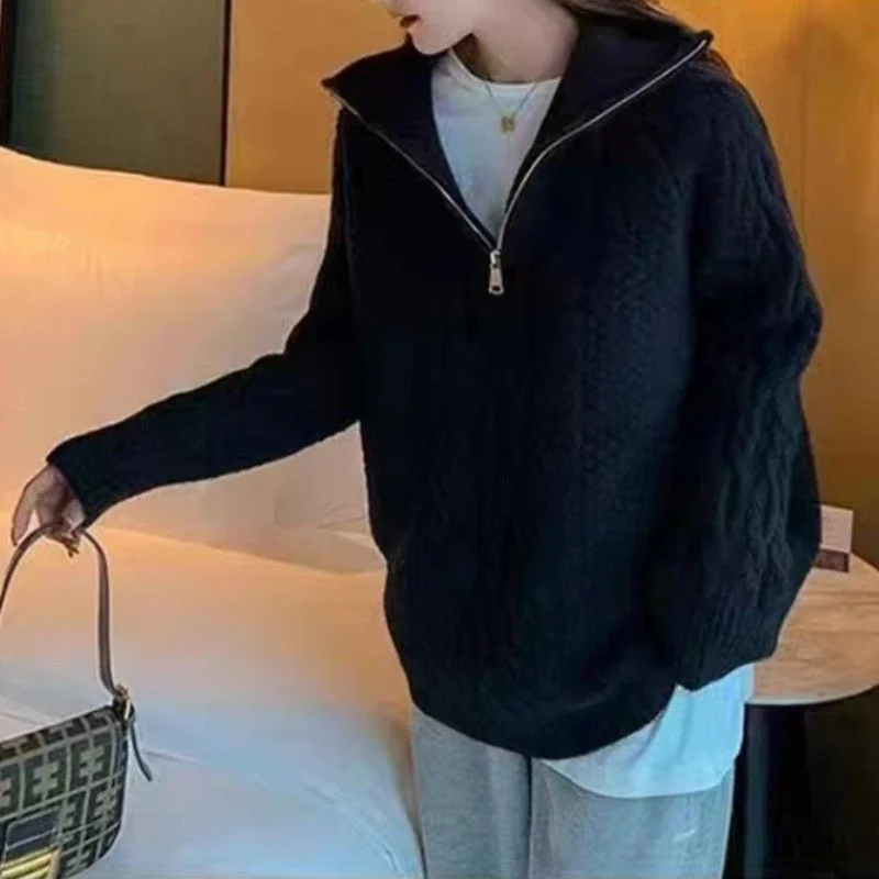 

Women's Turtleneck Knitted Sweater Autumn Winter Korean Lazy Zipper Loose Pullover Top Thickened