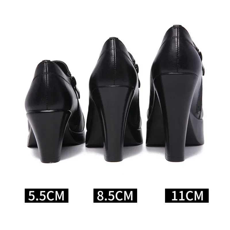 Zapatos de tacón de bloque de talla pequeña 32-43 con plataforma para mujer, zapatos de tacón alto de cuero dividido negro para otoño 2024, modelo