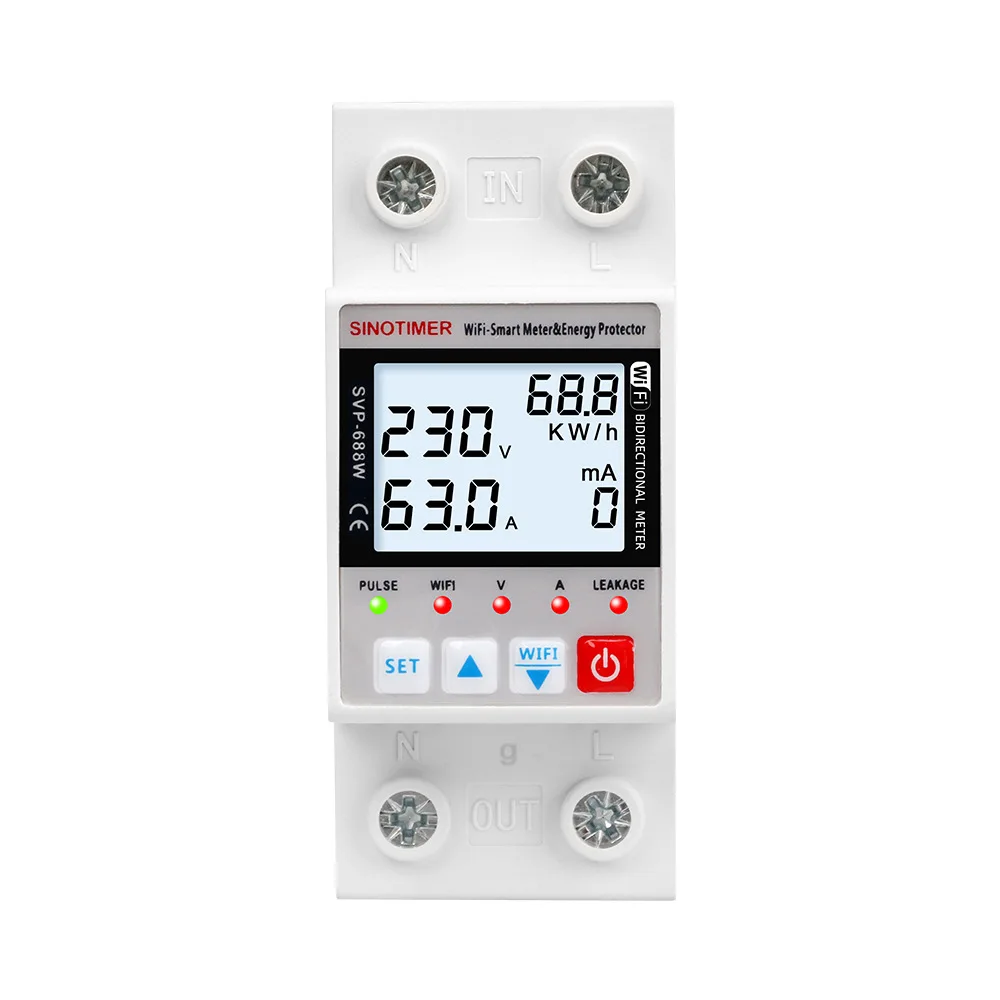 SVP-688W-B Tuya 63A WiFi الذكية تسرب الأرض أكثر من تحت الجهد حامي التتابع مقياس الطاقة كيلوواط ساعة التبديل الموقت التحكم عن بعد
