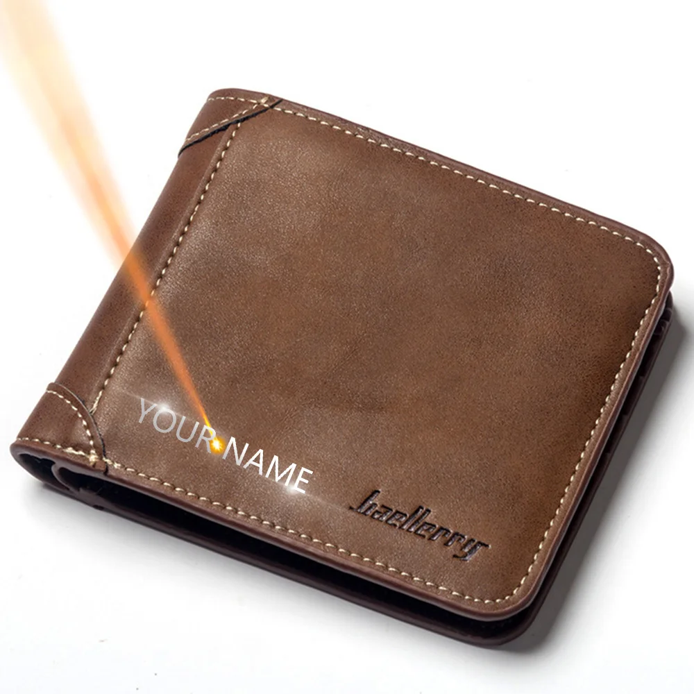 Baellerry Short Luxury Men Wallets High Quality PU Leather Vintage Name Engraving Male Wallet Brand Card Holder Small Men Purse