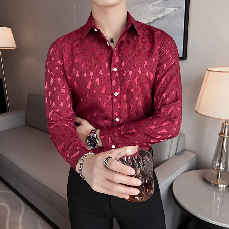 2024 Spring Personalized Jacquard Shirt for Men Slim Fit Casual Social Shirts Korean Long Sleeved Business Banquet Party Shirt