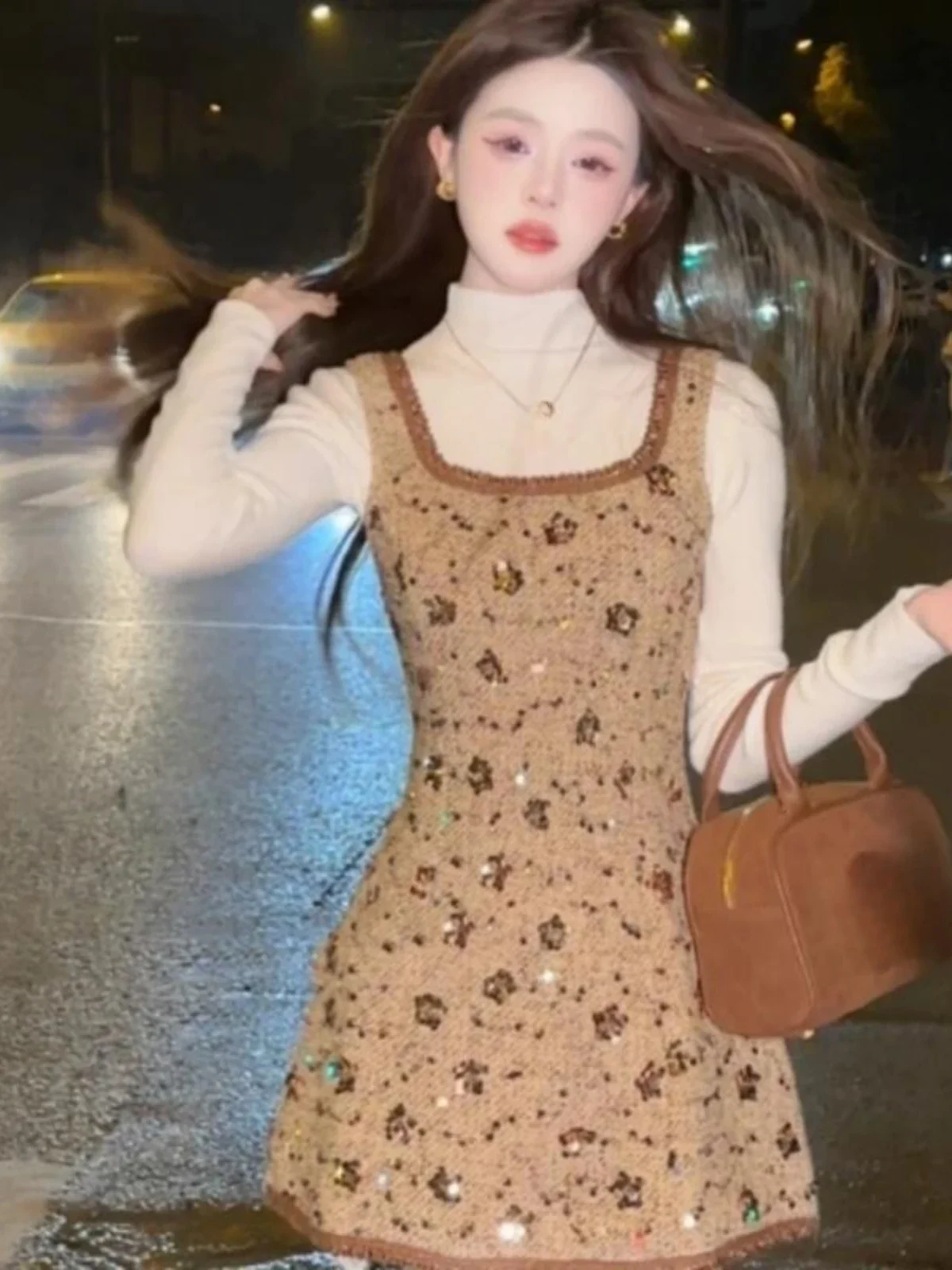 Women's 2024 Winter New Sequins Small Fragrant Long Sleeve Dresses High-end Femininity Vest Skirt Trendy Ladies Nice Dress Sets