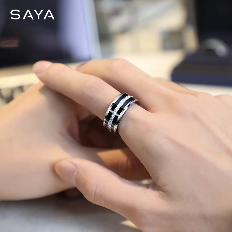 Wedding Rings for Men, Inlay Black Ceramic Fully Stacked Cubic Zircon Tungsten Jewelry for Engagement, Customized