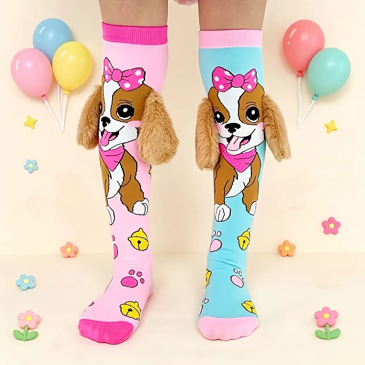 A pair of knee socks with cute cartoon dogs for children, 3D ears, suitable for all seasons, parties and holidays.