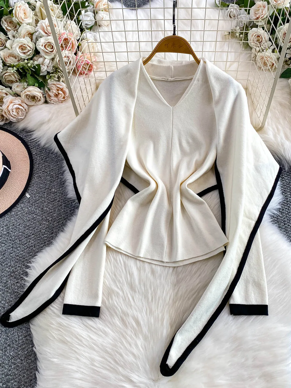 

Женский белый пуловер, свитер с шалью, винтажный корейский джемпер 2000-х годов Y2k, трикотаж, кашемировый свитер с длинными рукавами и v-образным вырезом, осень