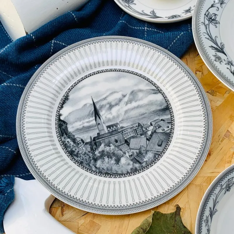 Vintage Landscape Ceramic Tableware Set, European Windmill Village Print Dinner Plates Cup Saucer, Home Restaurant Decor Plates