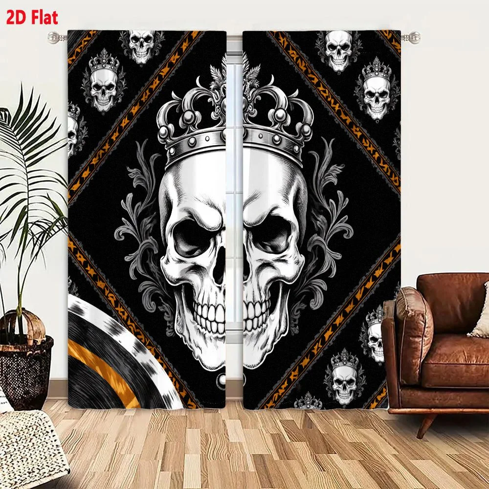 2Pcs Curtains 2D Flat White Skull With Ornate Silver Crown And Gray Filigree On Black Gold Diamond Stripe Background With Smalle