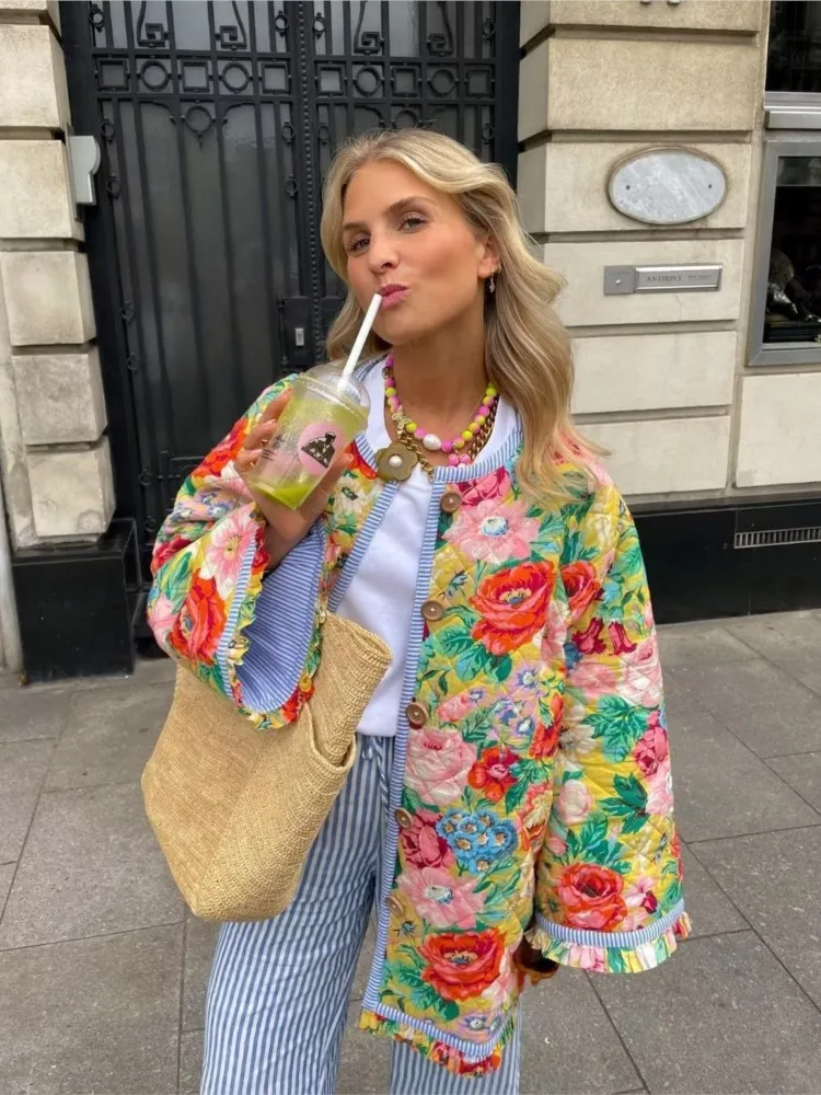 

Fashion Versatile O-neck Long-sleeved Single-breasted Coat Women Autumn Winter Vintage Loose Floral Printing Cotton Coats Female