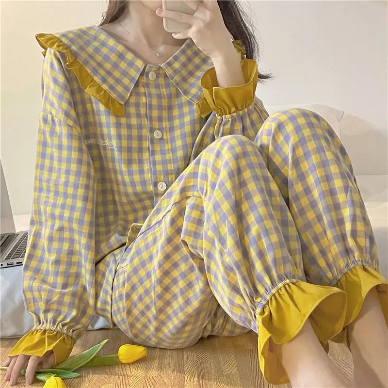 Plaid Sleepwear Women Pajama Sets Korean Piiama Ruffles Night Wears Autumn Pants Sets 2 Pieces Button Long Sleeve Home Suit New