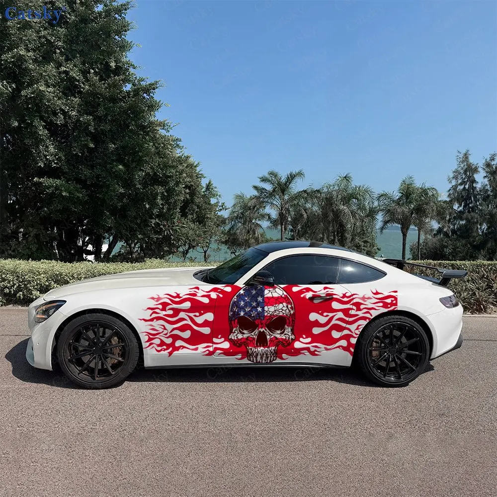 2 Stück Flammen-Amerikanischer-Totenkopf Autoaufkleber Ganzkörper-Dekorationsaufkleber Kratzschutz Wasserdichter Auto-Vinylaufkleber