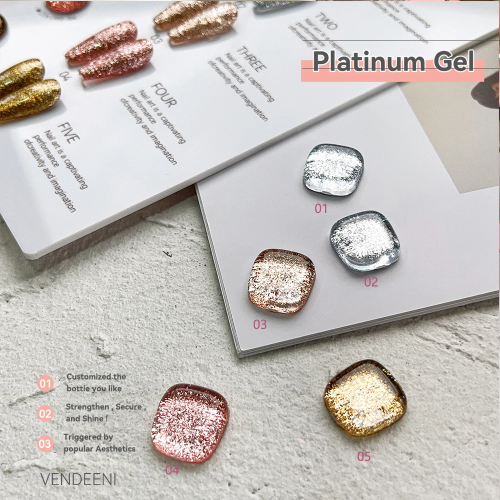 Vendeeni 5 Colors Set Flashing Metal Platinum Gel Nail Polish UV LED Glitter Nail Varnish with Color Card Gold Silver Sequins