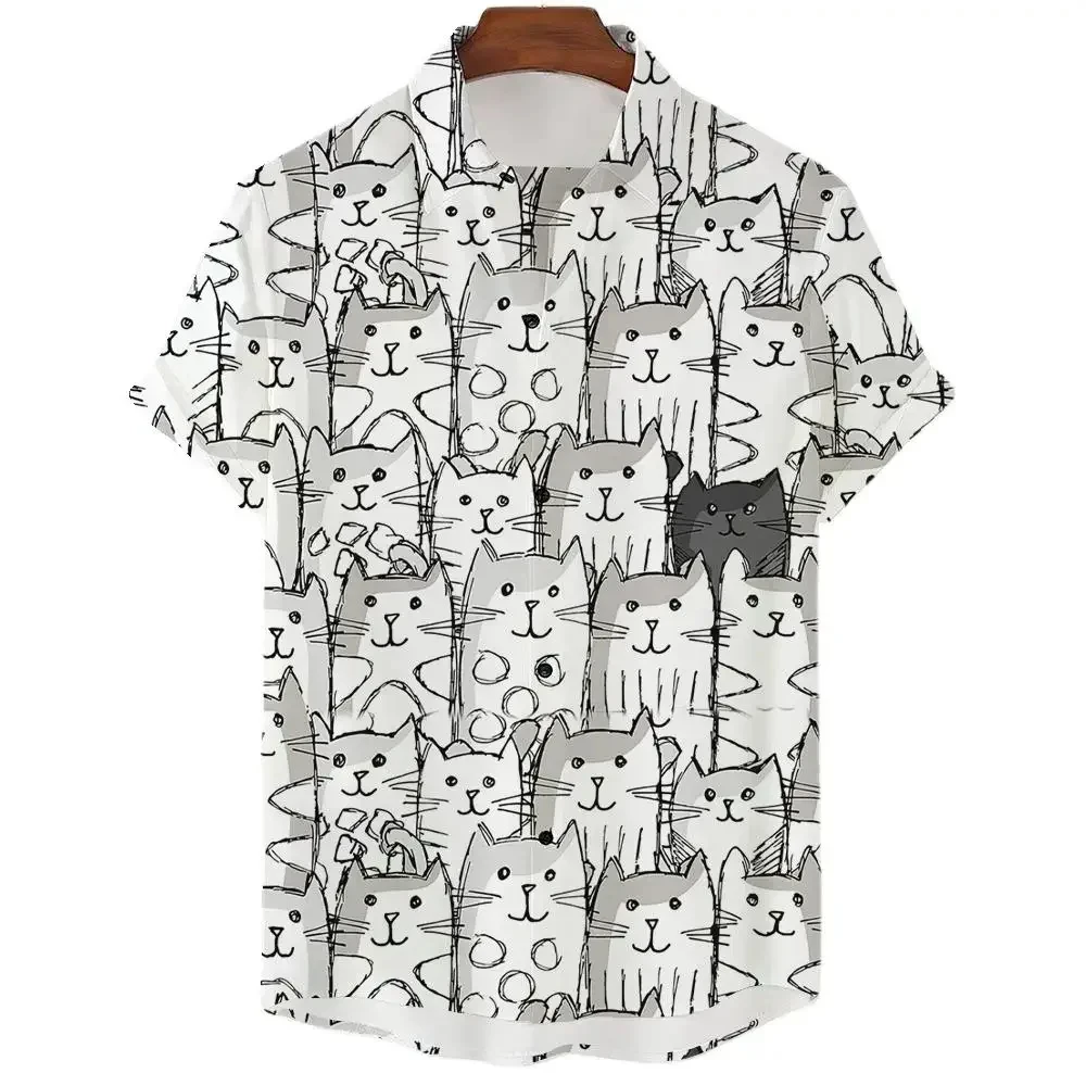 Men's Shirt Black white Cute Cat 3D Print Men's Clothing Oversized Summer Casual Hawaii Beach Hawaiian Harajuku Holiday Shirt