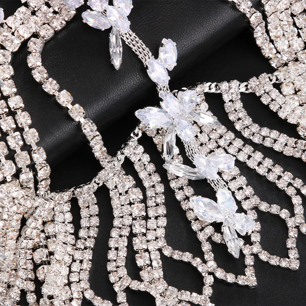 Women Exotic Leaf Rhinestone Tassel Belly Dance Head Cap Hat Jewelry Luxury Crystal Hair Accessory for Party Wedding Showing
