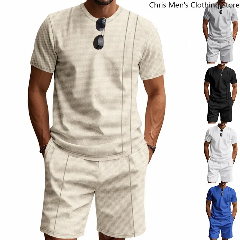 

Свободный крой, модный наряд для отпуска, мужской летний комплект из двух предметов вафельной вязки, футболка с круглым вырезом и короткими рукавами + повседневные шорты