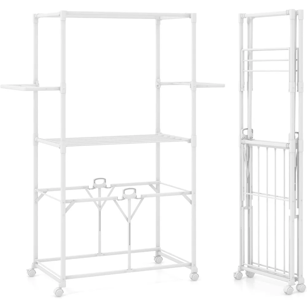 

Clothes Drying Rack with Wheels, Collapsible Laundry Rack with 2 Folding Side Shelves & Detachable Middle Shelf, Moveable