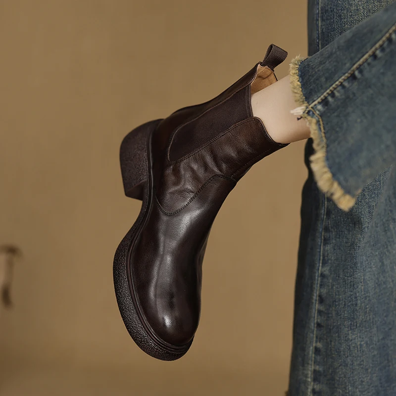 

Retro round Toe Chelsea Boots Women's Autumn Winter Thi Bot Soft Cowhide Boots Faionable Slimming Boot Waterproof Plat...