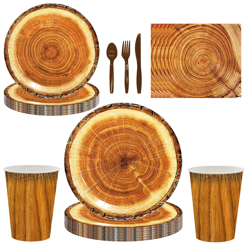 Wood Grain Slice Party Decors Tableware Wooden Plates Cup Napkins Tablecloth Lumberjack Camping Hunting  Birthday Party Supplies