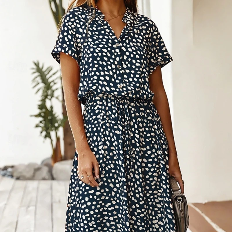 Women's Summer Short Sleeve Maxi Dress Fashion Floral Print Beach Sundress Casual Boho V-Neck Drawstring Long Shirt Dresses