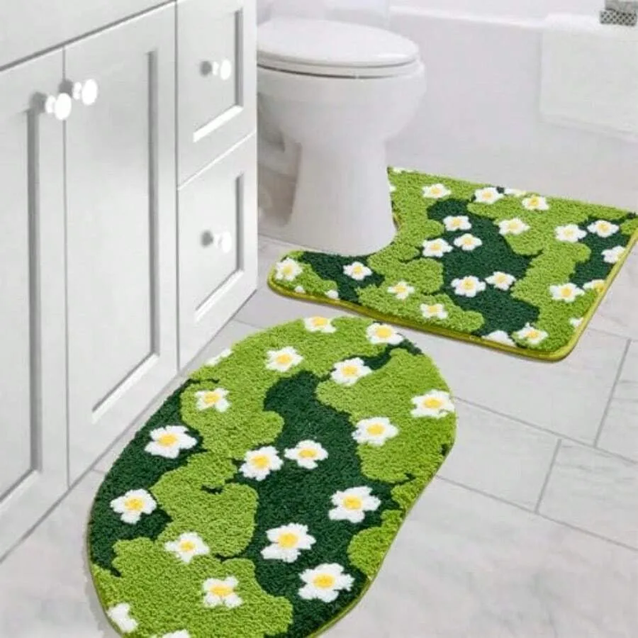 

Cute Floral Bathroom Rugs Set 2 Piece Non Slip Microfiber Green Grass Flowers Bath Mat 20x32 + Contour Toilet Rug 20x24 Hine Wa