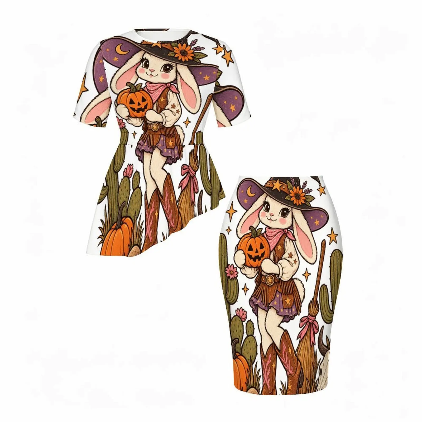 Women Round Neck Short Sleeve 2 Piece Set, Asymmetric Top and Fitted Skirt with Cute Ghost Pumpkin Bat Print