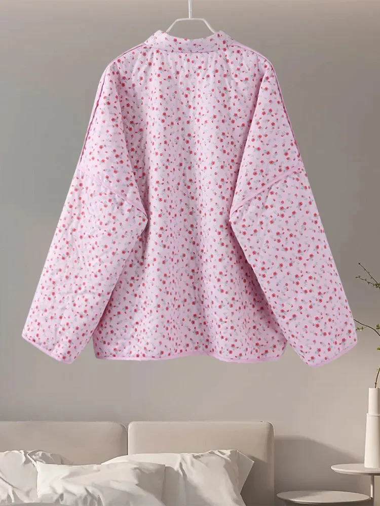 الأزهار المطبوعة المرأة سترة لطيف الدانتيل يصل الوردي المرأة معطف عادية فضفاض الخريف المعاطف الدافئة موضة جديدة السيدات معاطف ملابس خارجية