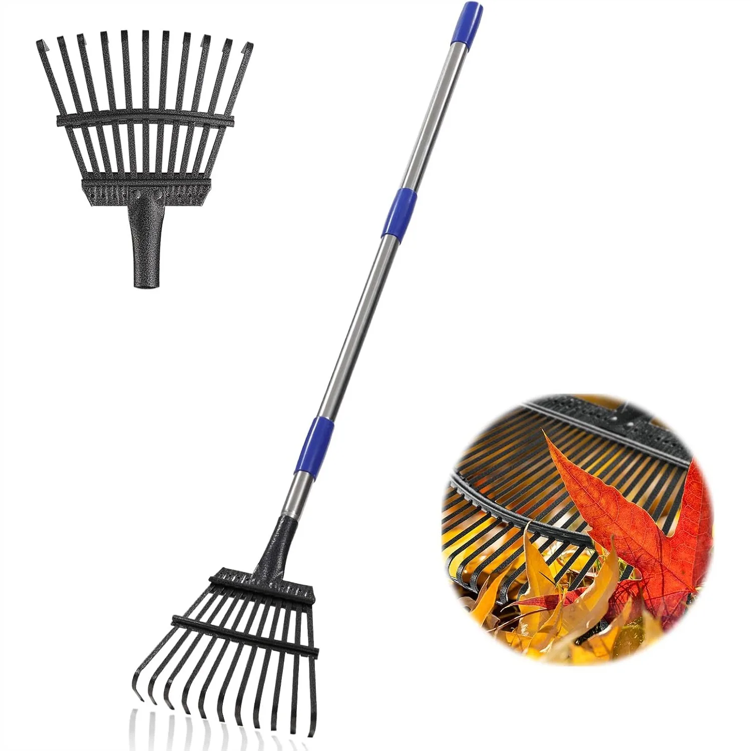 

Leaf Rake with 11 Metal Tines, 78" Long Handle for Lawn and Garden Cleanup