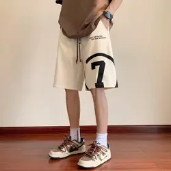 American Style Trendy Summer Casual Shorts Men Elastic Waist Drawstring Letter Fashion Sports Big Size Loose Knee Length Pants