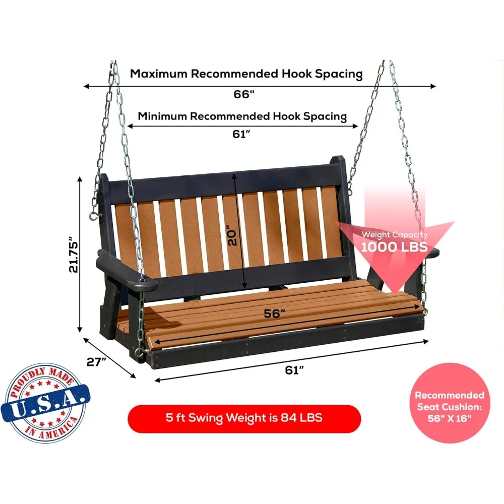 Mission Poly Lumber Wood 5FT Porch Swing Amish Craftsmandship Made in USA HDPE with No Wood fibers 1000 lbs Limit. Stainless Ste