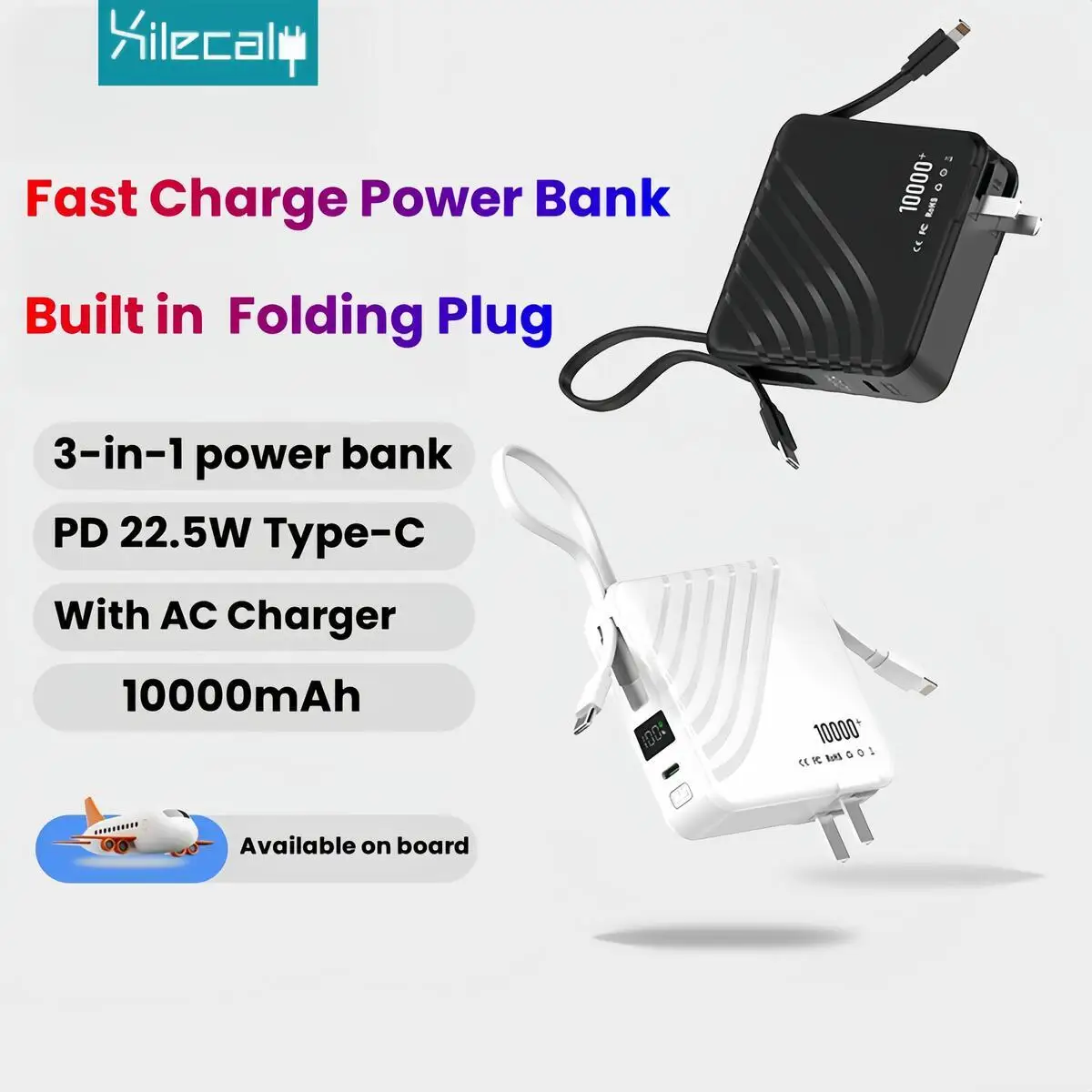 

22.5W Super Fast Charging Power Bank With Built-in Type-C For Lightning Cable PD QC 10000mAh Portable Charger For iphone Samsung