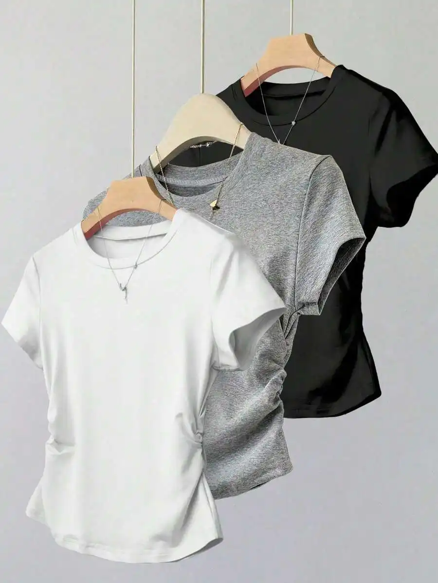 

Solid Color Cinched Waist Short Sleeve T-Shirt Set for Teens, Casual & Versatile