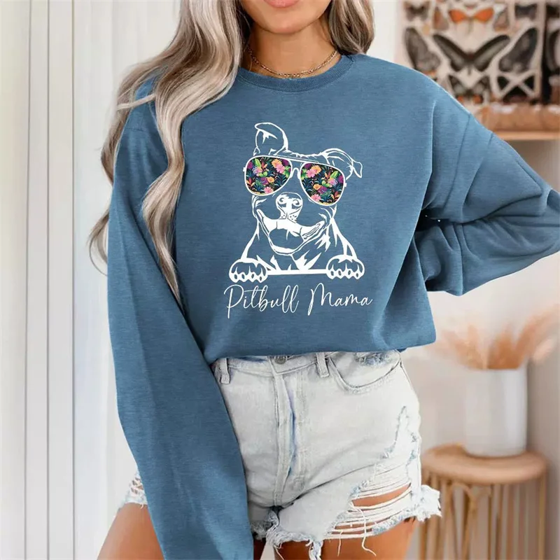 Neues Modisches Damen-Pullover Mit Langen Ärmeln, Baumwoll-Sweatshirt, Süßes Lpitbull-Mama-Haustier-Langarm-T-Shirt-Sweatshirt