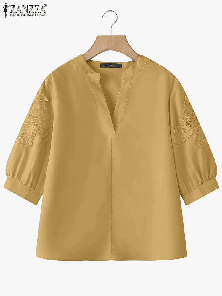 

ZANZEA Plus Size Blouses Women Summer Solid Fashion Lace Patchwork Shirts Casual Tunic Tops Puff Sleeve V-Neck Loose Blusas 5XL