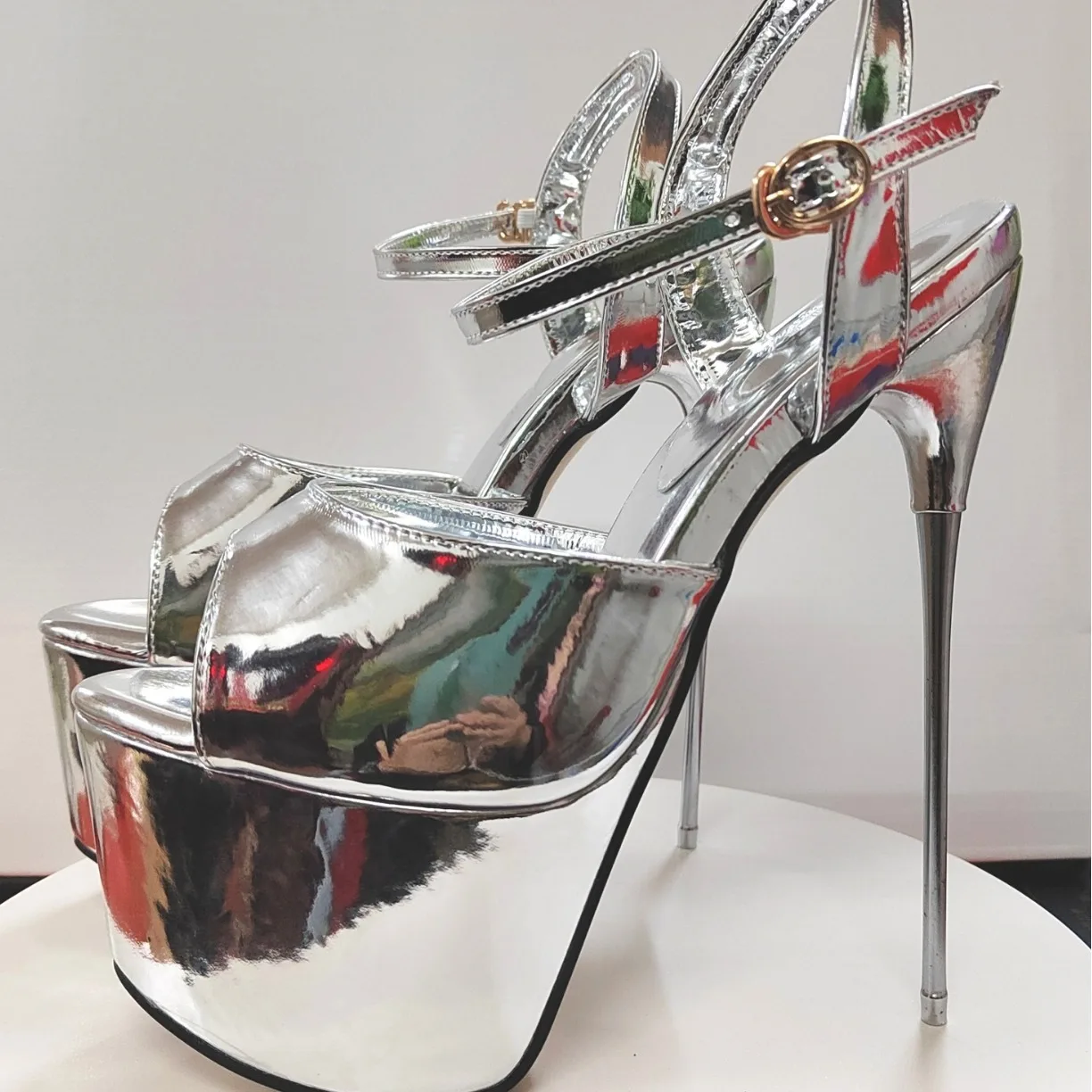 

19Cm Metal Heels Platform Sandals Women Thin High Steel Heeled Buckle Strap Big Size Sexy Spicy Girl Nightclub Cosplay Shoes