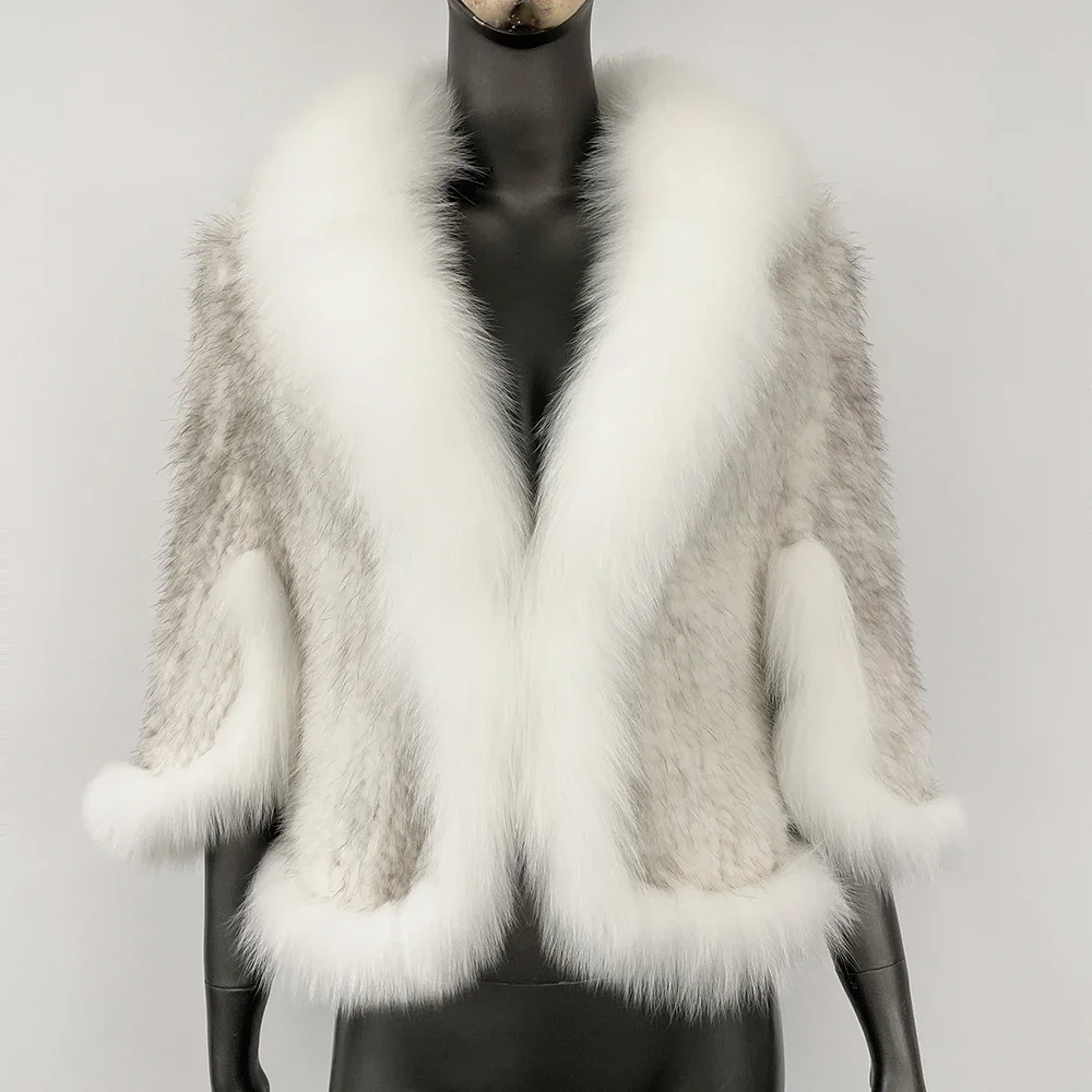 OFTBUY Real Mink Fur Coat Women Shawl Fashion Knitted Genuine Mink Fur Jacket Cape Scarf Natural Fox Fur Collar Cloak Winter