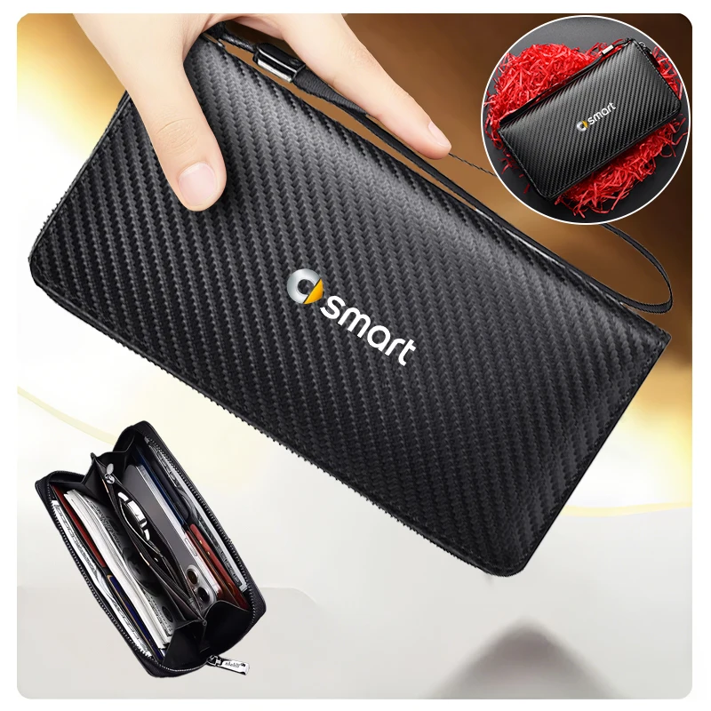 Cartera larga con cremallera para hombre, Cartera de cuero Pu con bloqueo RFID, bolso de mano de negocios para Smart Fortwo 451 450 453 EQ Forfour Coupe Cabrio