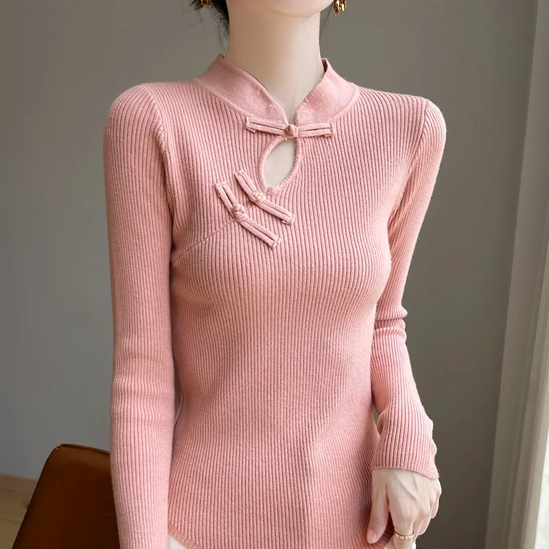 

2024 New Autumn And Winter Chinese style buckle design Cashmere Sweater Women Slim fit Knit Top Cashmere Sweater Women