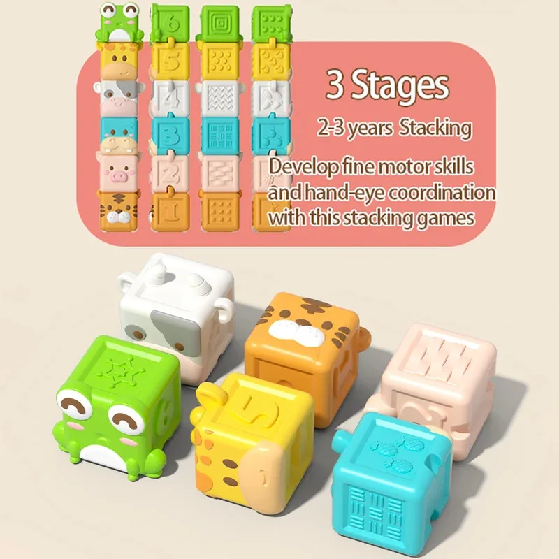 Giocattoli Morbidi per Neonati, Blocchi da Costruzione, Giocattolo da Dentizione, Cubo 3D, Giocattoli da Bagno a Forma di Animale, Gioco Educativo Sensoriale per lo Sviluppo Precoce del Bambino