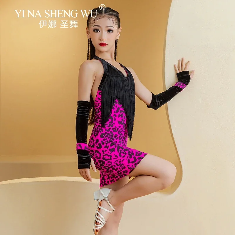 Abito latino per ragazza Abito da ragazza con nappa nera leopardata rosa rossa Abito da competizione per performance pratica rumba tango salsa per bambini