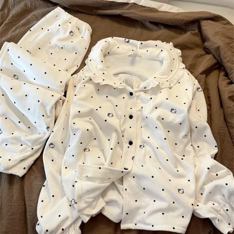 

Sanrio Hello Kitty, зимний пижамный комплект, кавайная женская теплая одежда для сна с героями мультфильмов, брюки с длинными рукавами, ночная рубашка, студенческая домашняя одежда, новинка