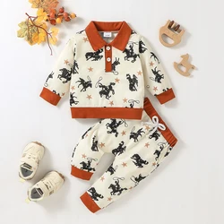 Baby Boys 2pcs Cartoon Horse Turn-down Collar Fall Long Sleeve Top+ Trousers Pantsuit For Children Clothing Dailywear