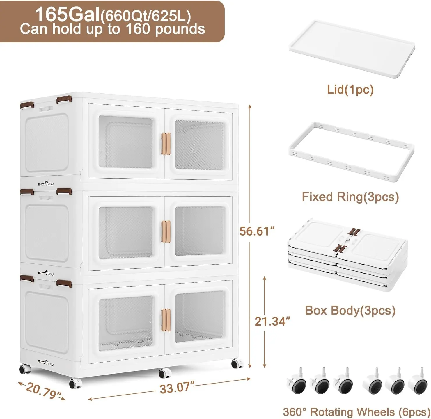 165Gal Extra Large Storage Bins with Lid, 660Qt Plastic Stackable Storage Bins with Wheels, Collapsible Closet Organizer, 3 Pack