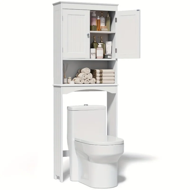 Tall White Wooden Bathroom Space-Saver Cabinet - Adjustable Shelf, Double Door Design, Open Shelf, Freestanding Over-The-Toile