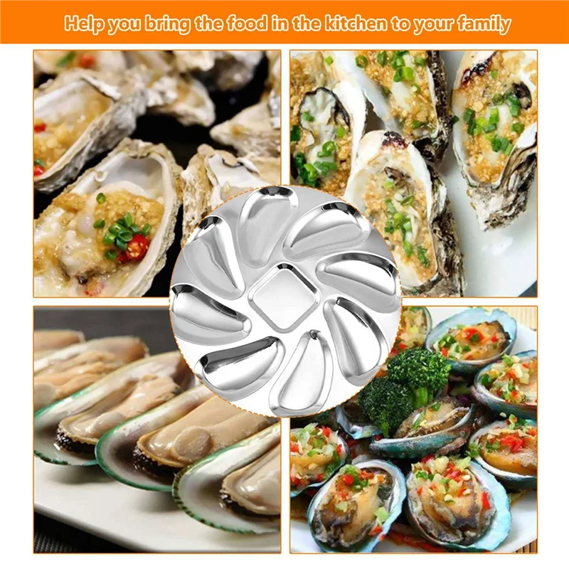 ABWR-8PCS لوحة المحار الفولاذ المقاوم للصدأ أطباق المحار قذيفة على شكل حاوية المحار دائم مع 8 فتحات لصلصة المحار