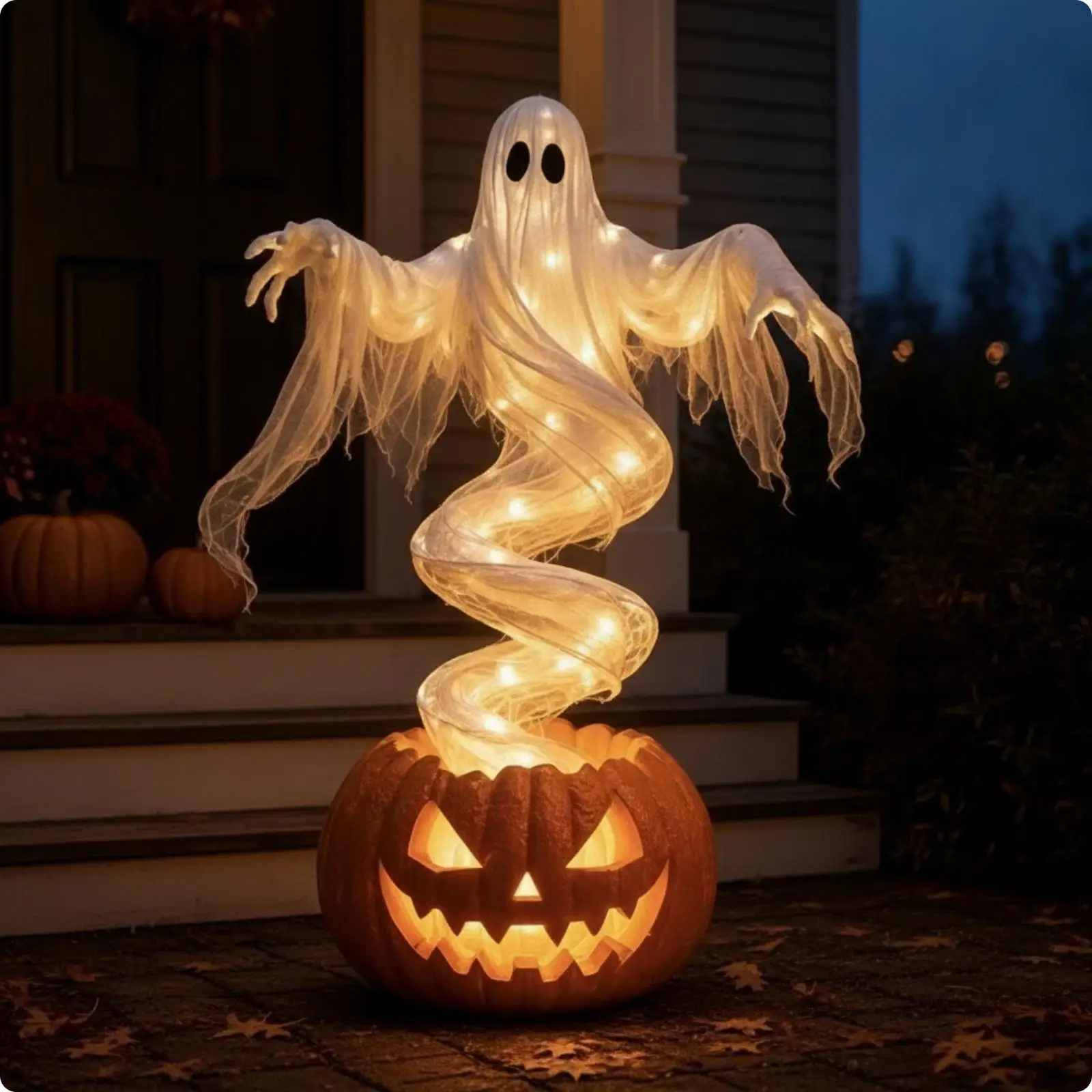 Halloween Yard Ghost Pumpkin Lamp Glowing Specter Ornament with Jack-o-lantern Base for Walkway Garden Decor