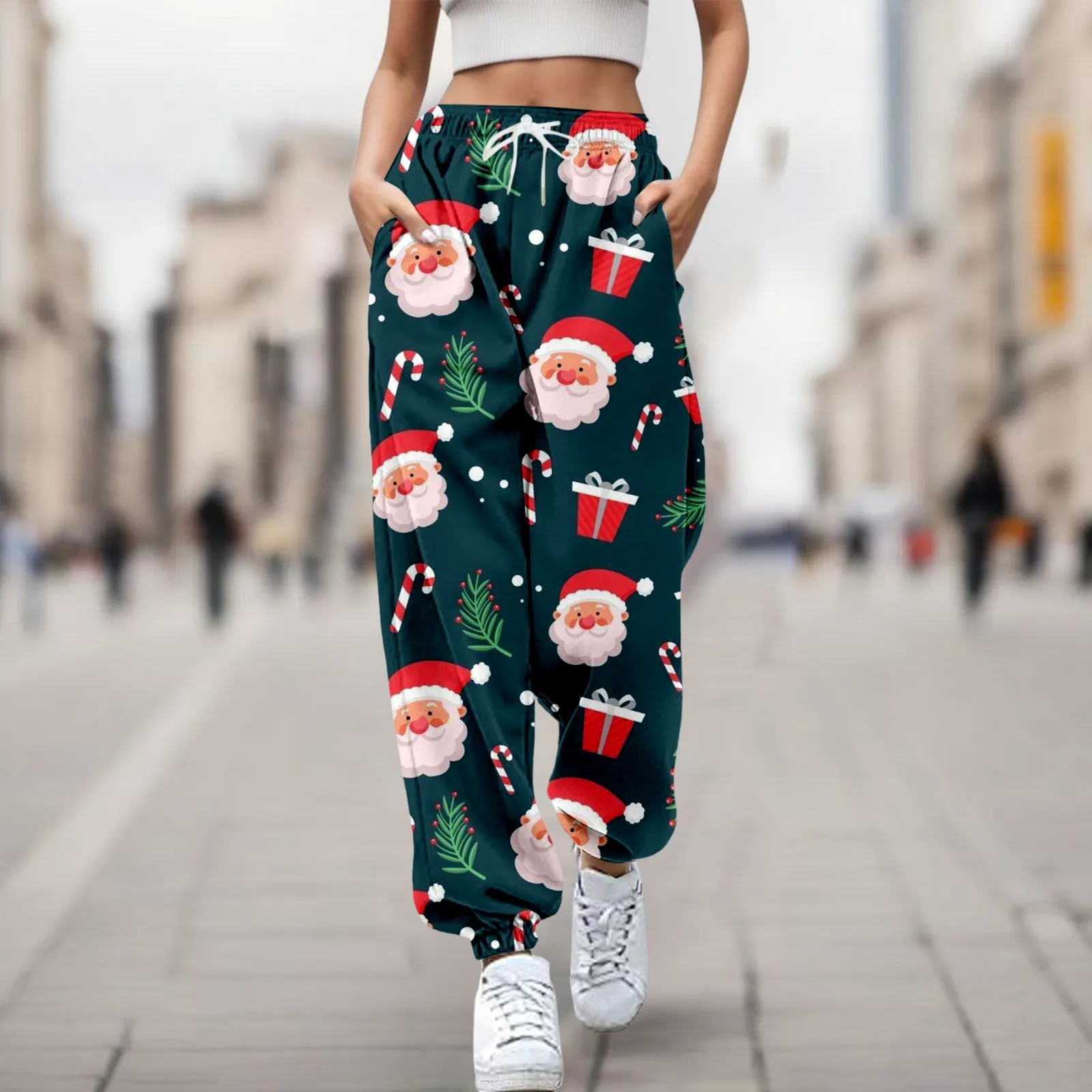 

Women Casual Pants Christmas Suitable Print Bottom Sweatpants Pockets High Waist Sporty Gym Athletic Fit Jogger Trousers