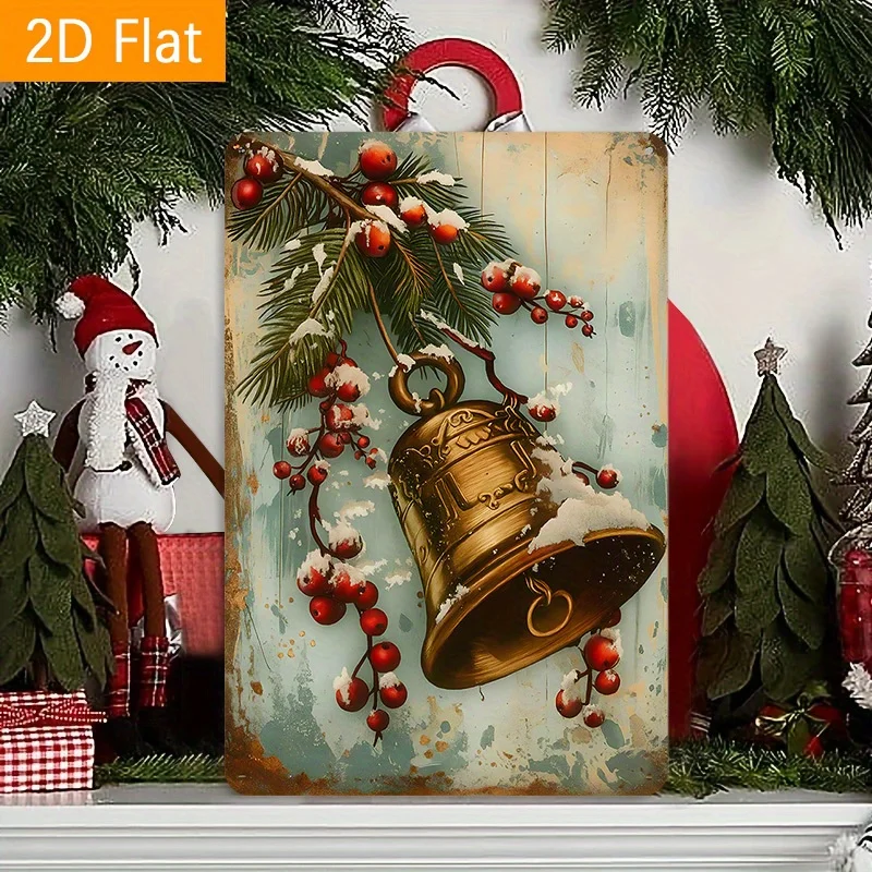 Vintage Golden Bell & Red Berries Metal Tin Sign - Antique Christmas Wall Decor with Winter Greenery,  Holiday Decoration for H