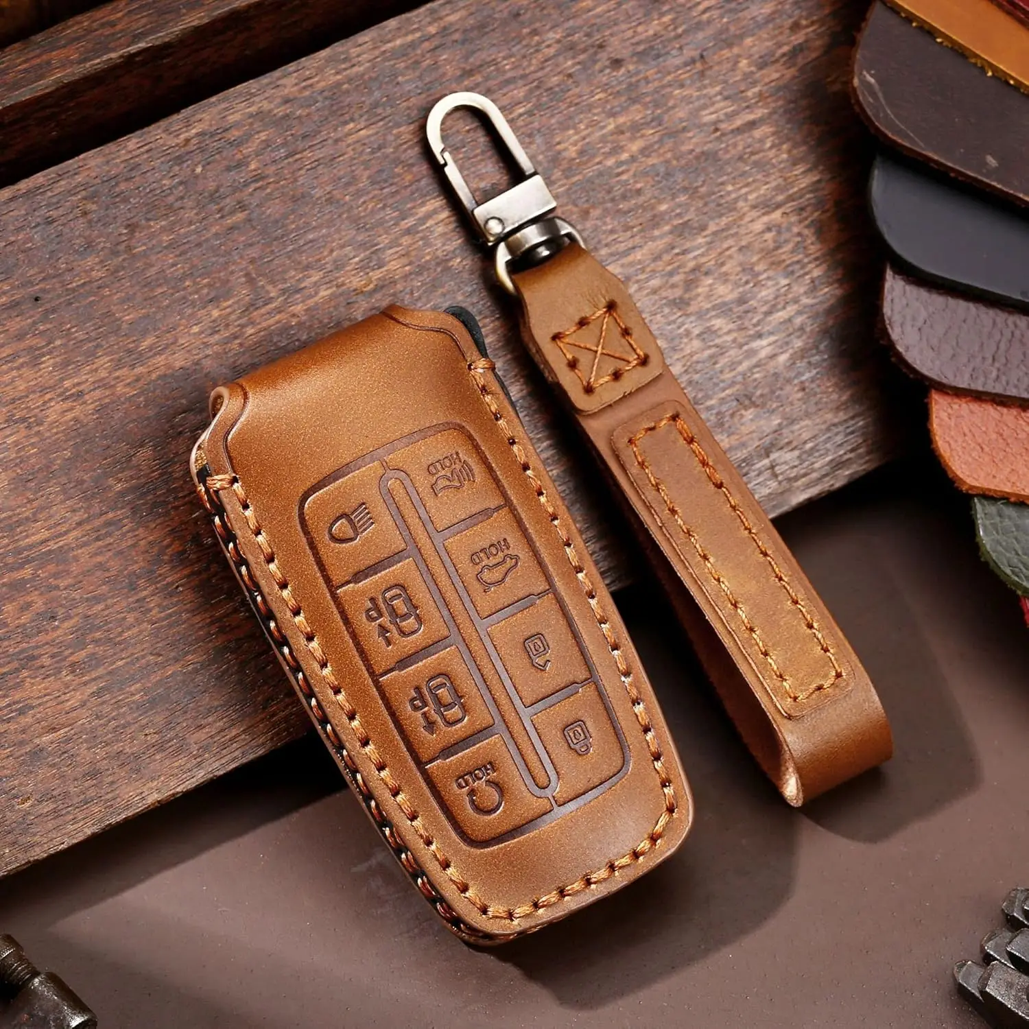 

WH Fit For Genesis G80 2020 2021 Key Fob Cover Leather Keycase Remote Control Key Holder 8-Button Brown