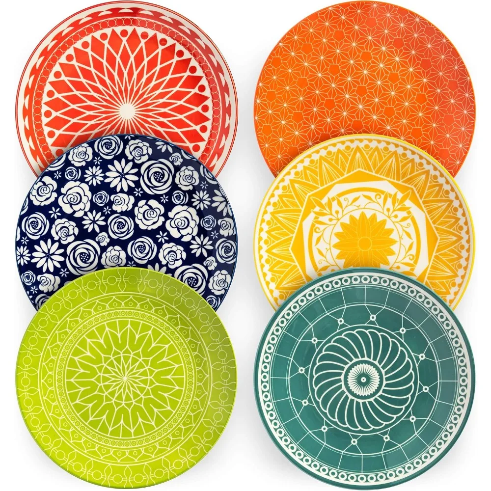 

Annovero Dinner Plates - Mismatched Colorful Dinnerware Set of 6 - Fun Decorative Cute Boho Kitchen Dishes - Zero Lead & Cadmium